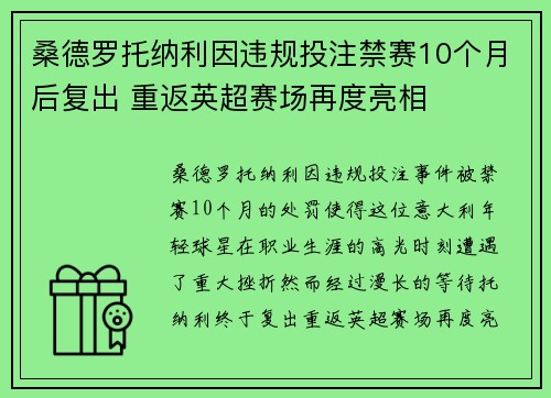桑德罗托纳利因违规投注禁赛10个月后复出 重返英超赛场再度亮相